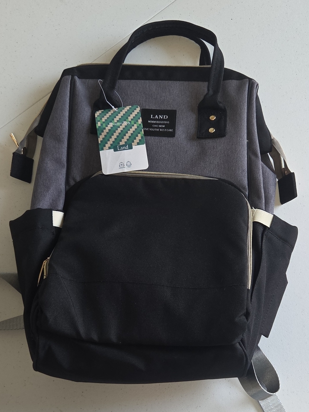 LAND Mommy & Baby Bag Chic Minimalist Black & Gray Diaper Backpack